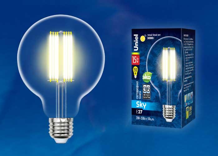 Лампа светодиодная филаментная (UL-00004863) Uniel E27 10W 4000K прозрачная LED-G95-10W/4000K/E27/CL PLS02WH