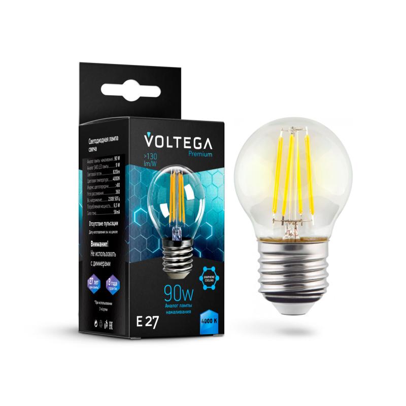 Лампа светодиодная филаментная Voltega E27 9W 4000K шар прозрачный VG10-G45E27cold9W-F 7139