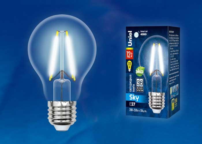 Лампа светодиодная филаментная (UL-00004866) Uniel E27 12W 3000K прозрачная LED-A60-12W/3000K/E27/CL PLS02WH