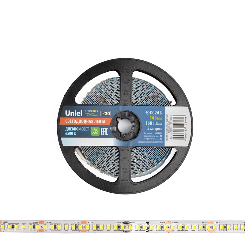 Светодиодная лента Uniel ULS-2835-168LED/m-10mm-IP20-DC24V-14W/m-5M-6500K катушка в герметичной упаковке