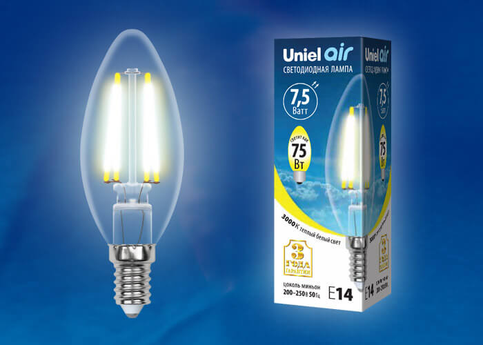 Лампа светодиодная филаментная (UL-00003250) Uniel E14 7,5W 3000K прозрачная LED-G45-7,5W/WW/E14/CL GLA01TR