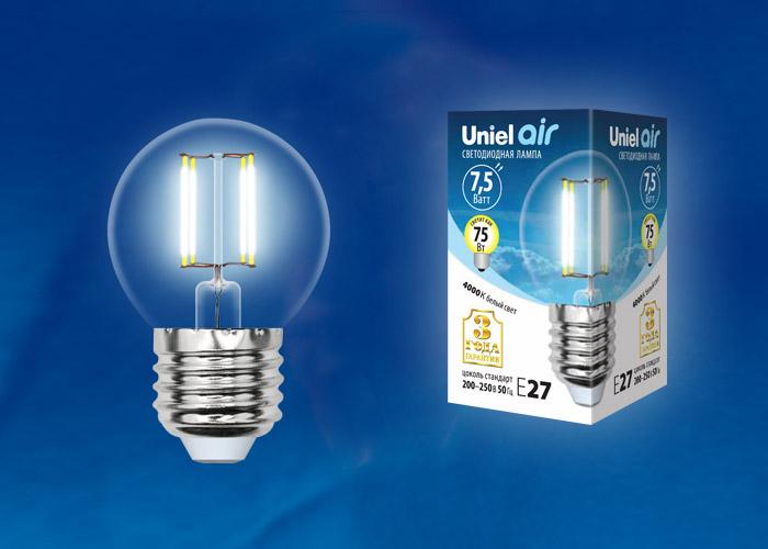 Лампа светодиодная филаментная (UL-00003252) Uniel E27 7,5W 3000K прозрачная LED-G45-7,5W/WW/E27/CL GLA01TR