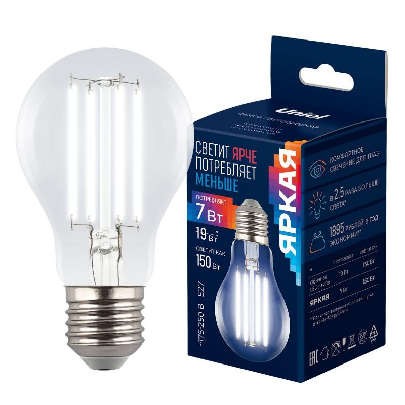 Лампа светодиодная филаментная Uniel LED-A60-7W/4000K/E27/CL GLY01TR UL-00011935